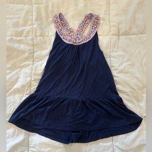 Navy Blue Sleeveless Peplum Tank with Floral Trim